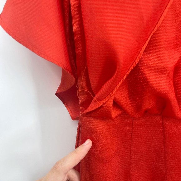 SOLD Calvin Klein Red Satin Roman Shoulder Party Dress - Picture 7 of 10